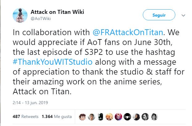 Fans preparan un hashtag para agradecer a Wit Studio por animar la tercer temporada de Shingeki no Kyojin