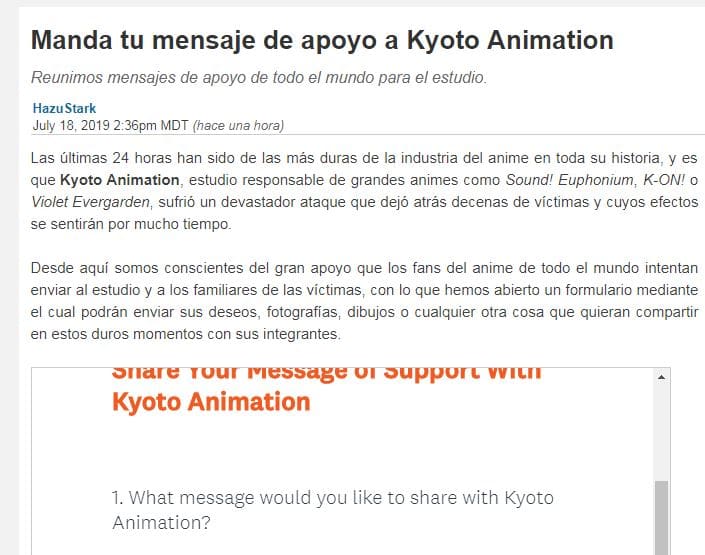 Manda un mensaje de apoyo a Kyoto Animation