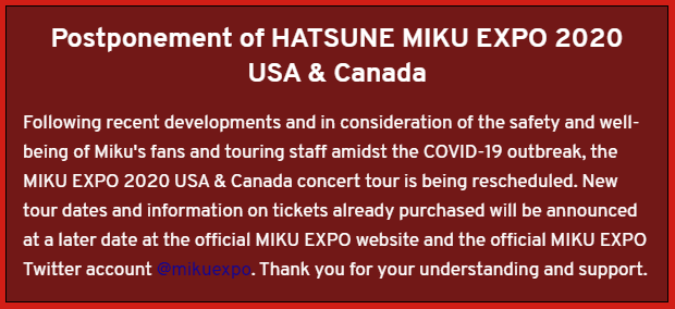 La giura MIKU EXPO 2020 se retrasa por el coronavirus