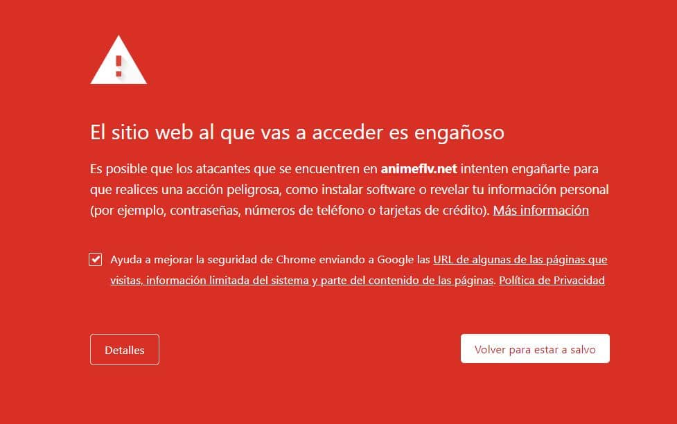 Google advierte otra vez que AnimeFLV es una página web peligrosa