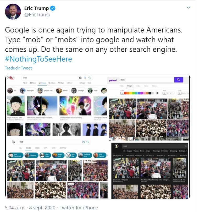 El hijo de Donald Trump afirma que Google utiliza a Mob Psycho 100 para manipular a los americanos