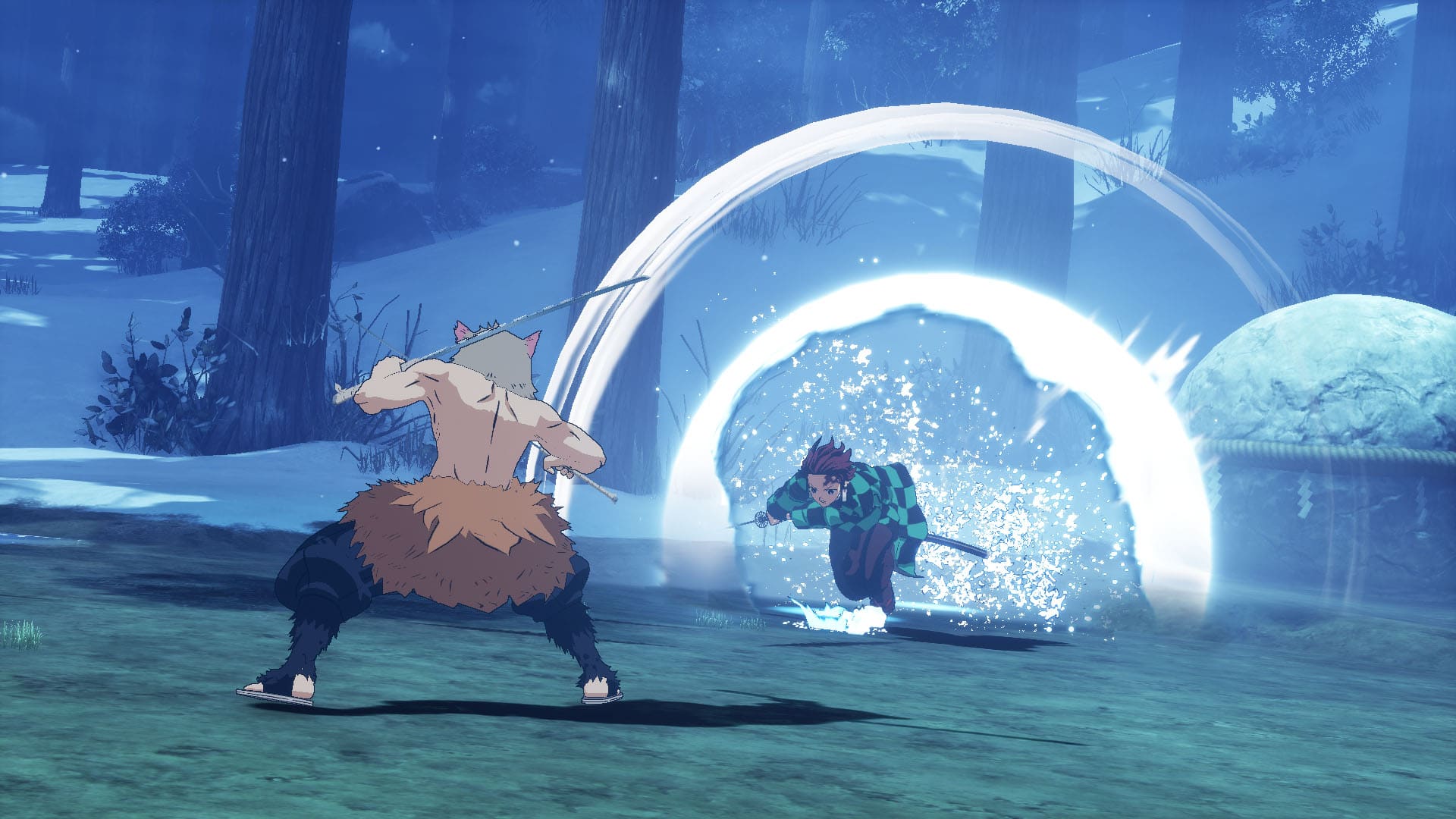 Inozuke vs Tanjiro Captura del juego Kimetsu no Yaiba Hinokami Keppuutan