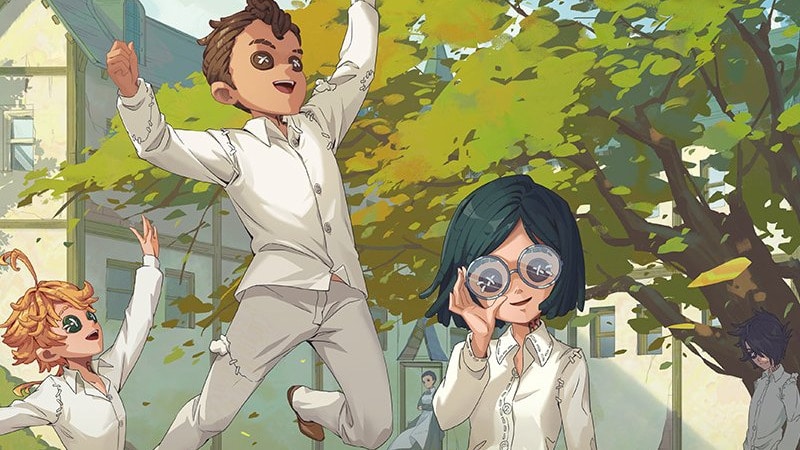 Personajes de Yakusoku no Neverland con ojos obotonados