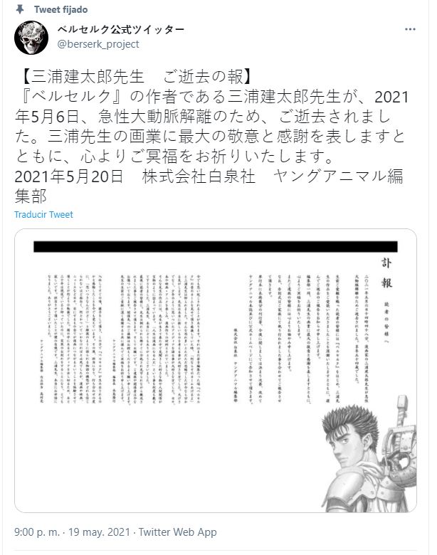 Falleció el creador de Berserk, Kentaro Miura muere creador Falleció el creador de Berserk, Kentaro Miura muere creador