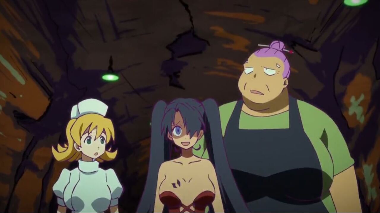 Heion Sedai no Idaten-tachi Miku, Umeyo y Merk huyendo en un tunel