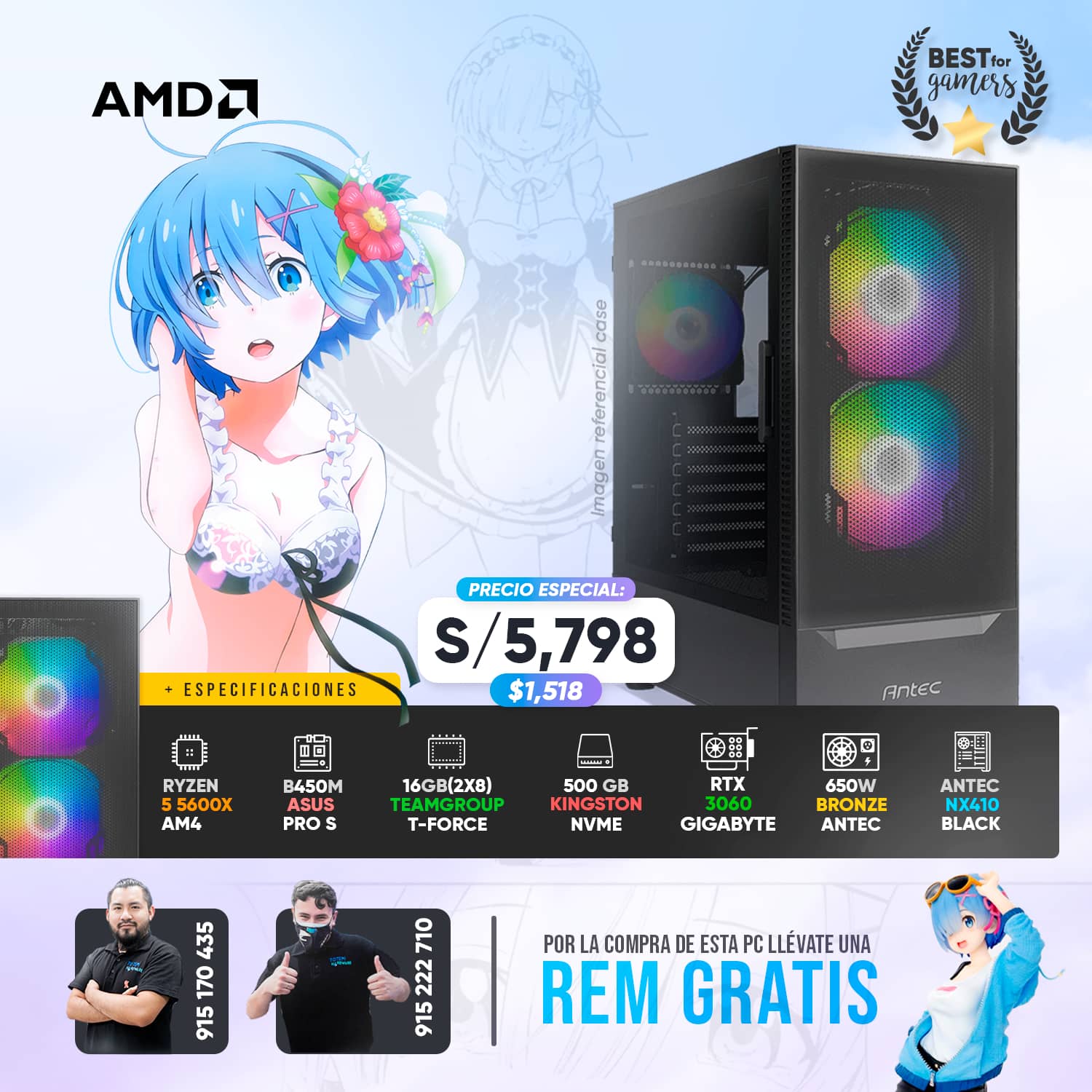 pc gamer con una waifu incluida Rem