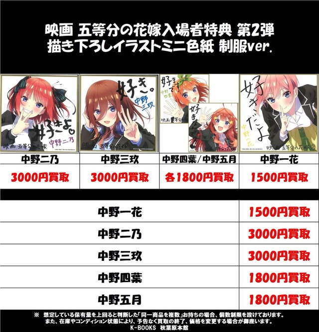 Go-Toubun no Hanayome Las ilustraciones de la película se revenden a precios exorbitantes