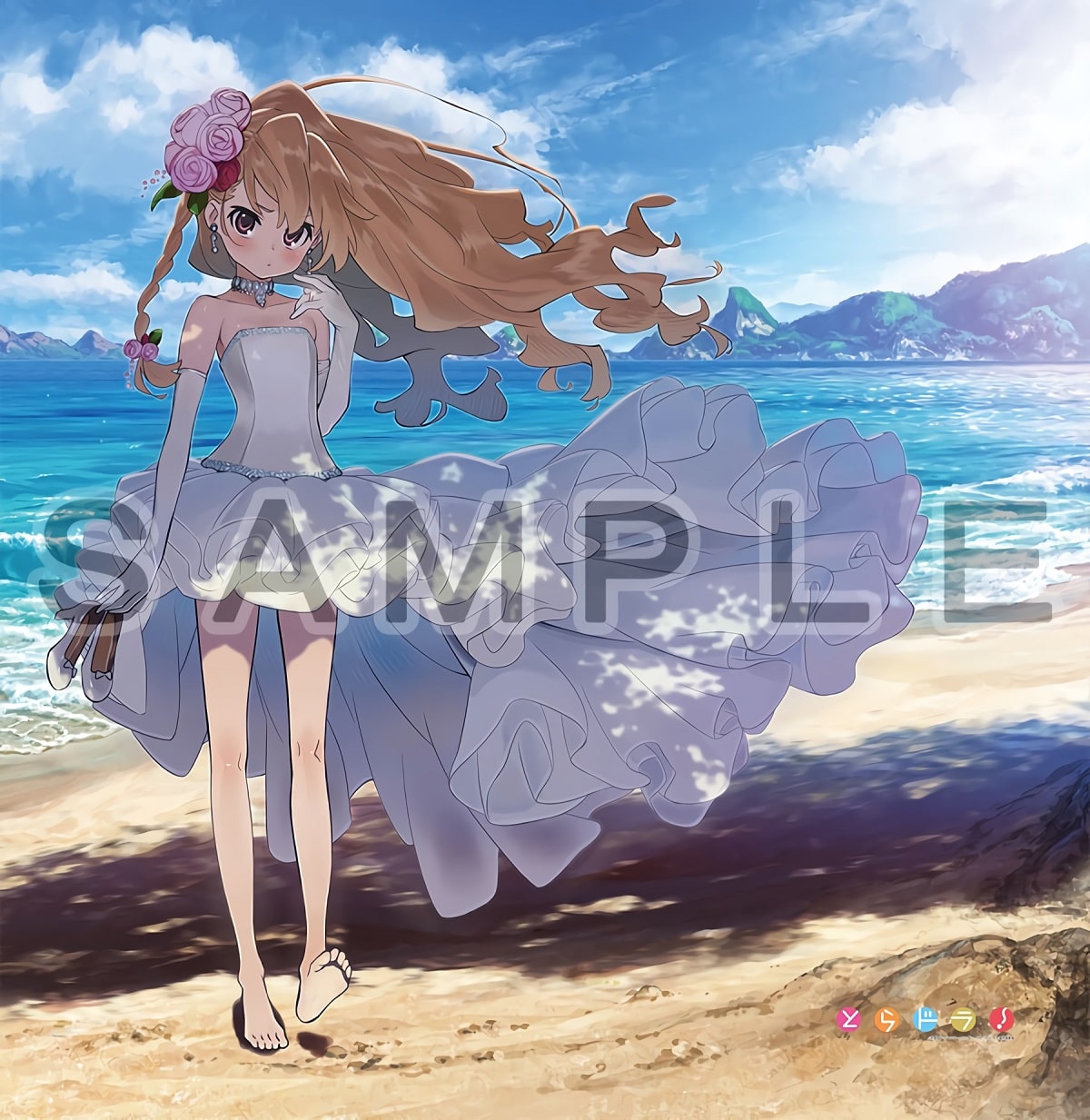 Toradora Taiga viste un hermoso vestido de novia en un papel tapiz