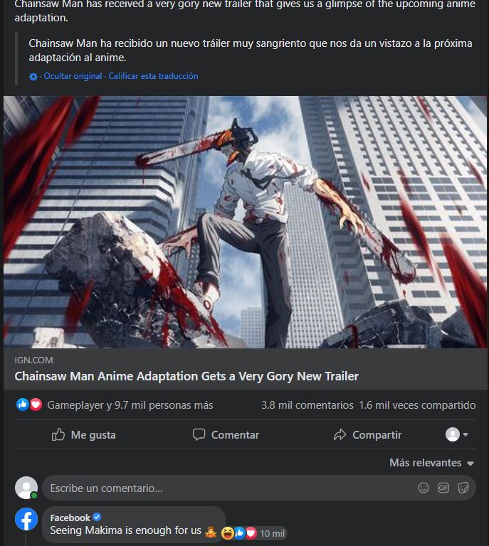 Facebook reacciona al anime de Chainsaw Man y revela su preferencia por Makima