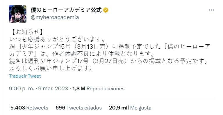 My Hero Academia tendrá una pequeña pausa por problemas de salud