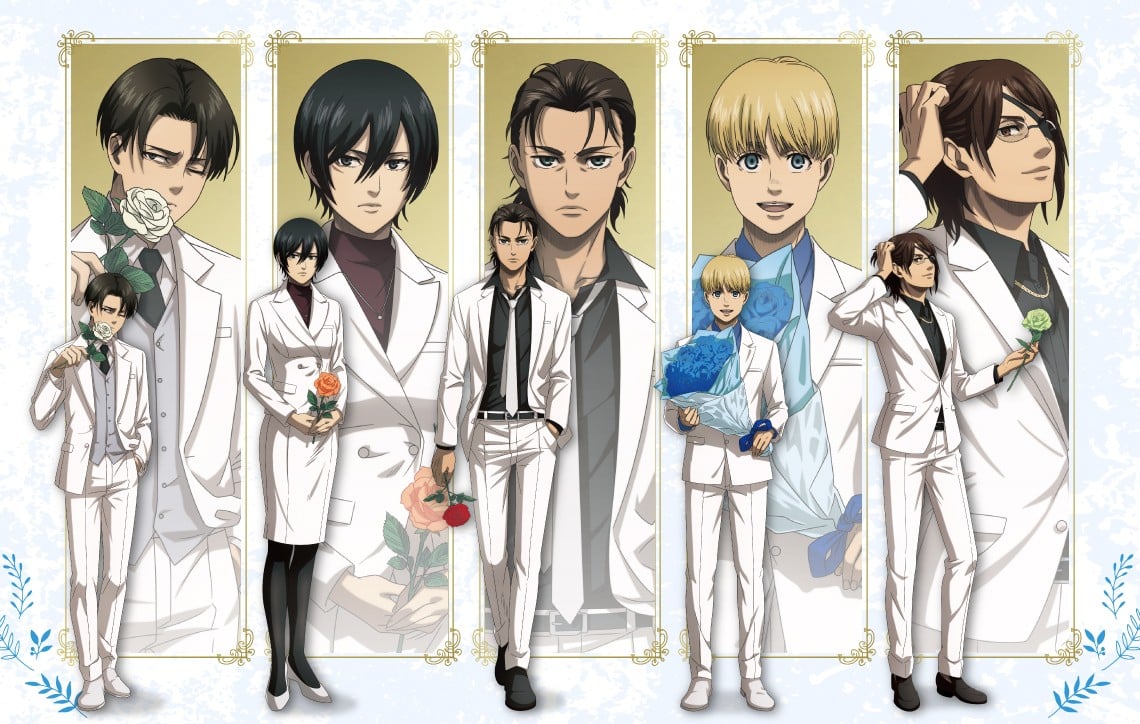 Attack on titan sorprende a los fans con elegantes trajes blancos en su nueva línea de mercancía