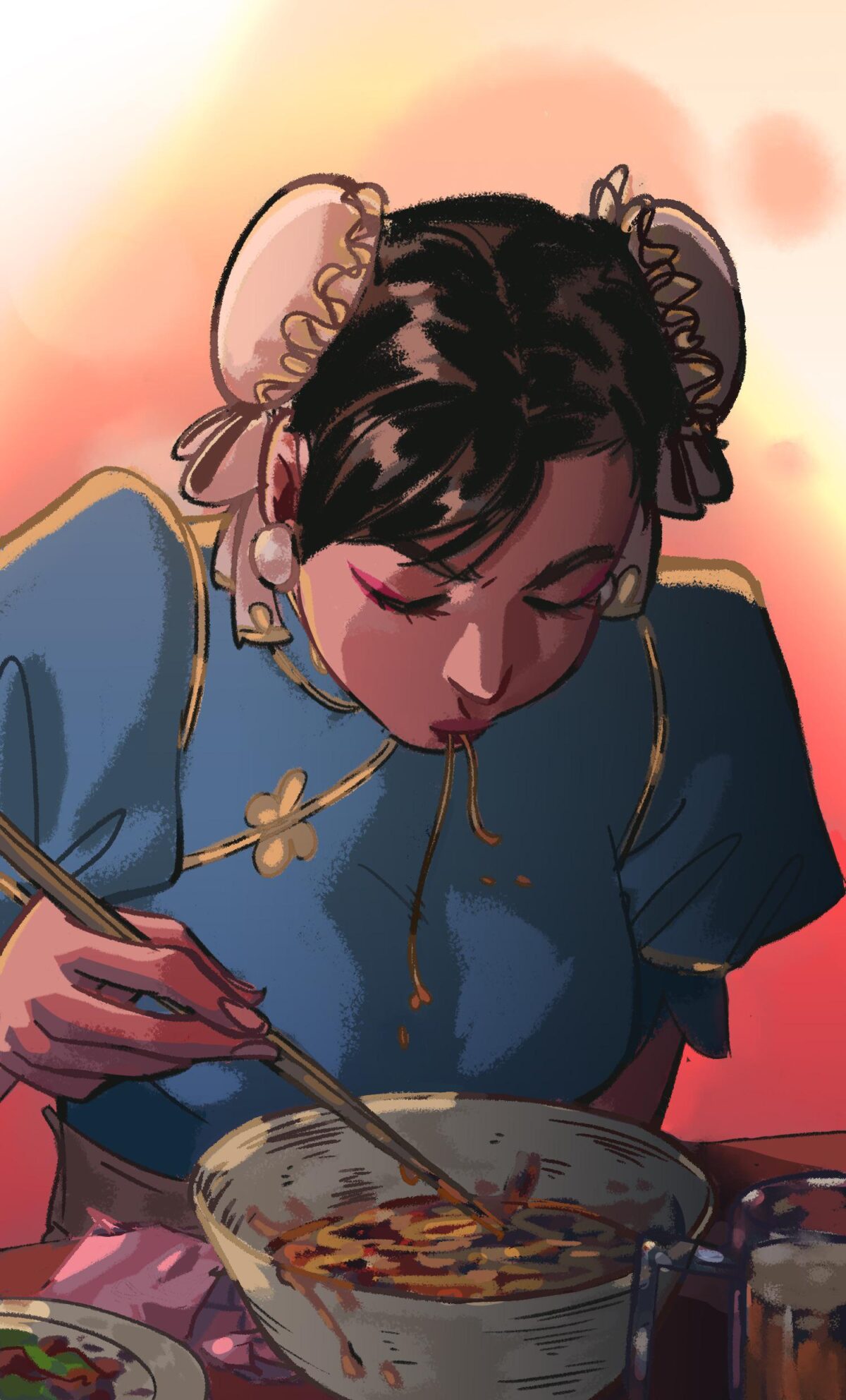 Chun li Street fighters comiendo fideos