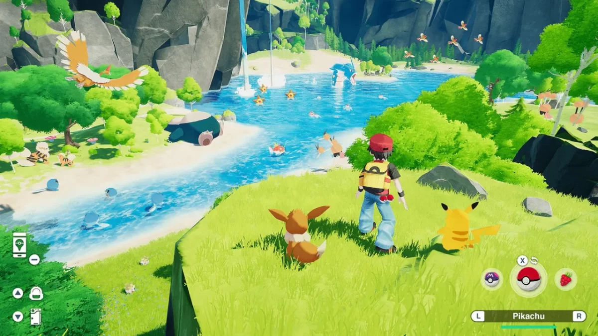 Red junto a Eevee y Pikachu explorando Kanto en el concepto de videojuego en 3D de Pokémon por George K,