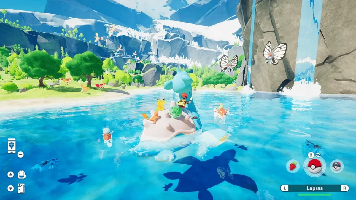 Red montando a Lapras en el agua en el concepto de videojuego en 3D de Pokémon por George K,