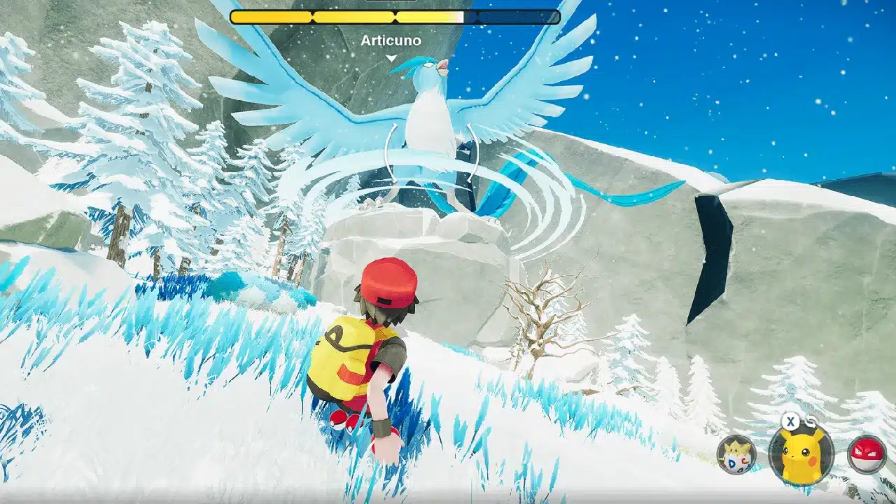 Red luchando contra Articuno en el concepto de videojuego en 3D de Pokémon por George K,