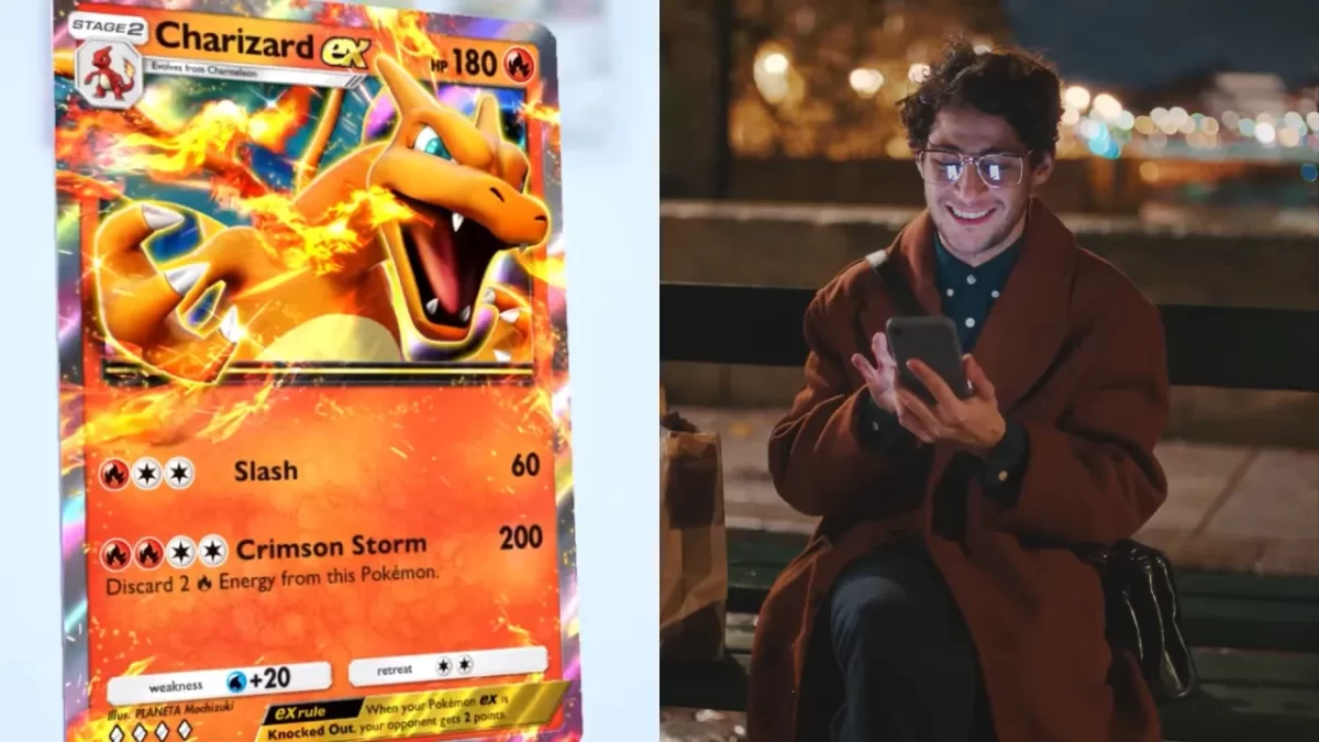 Un jugador con una carta holográfica digital de Charizard en Pokémon TCG Pocket.