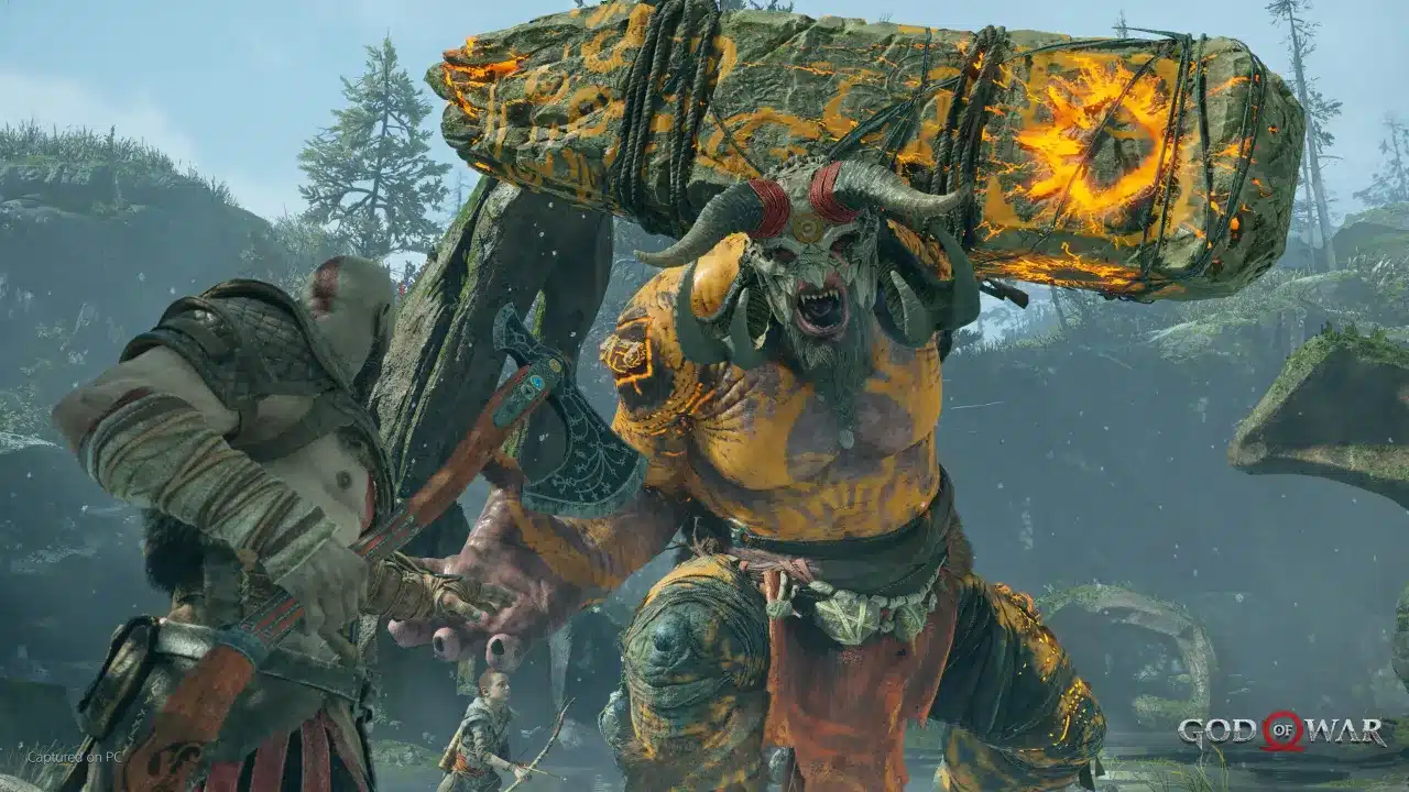 Kratos y Atreus luchando contra un troll gigante