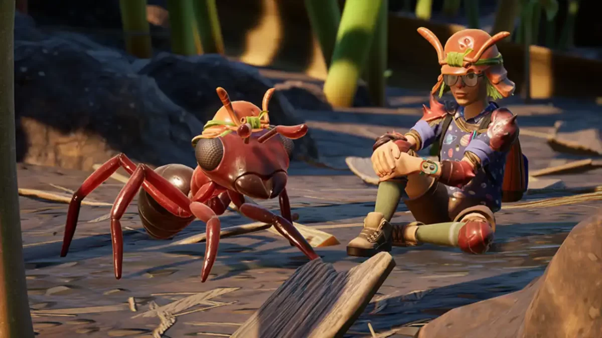 Uno de los protagonistas de Grounded sentado junto a una hormiga.