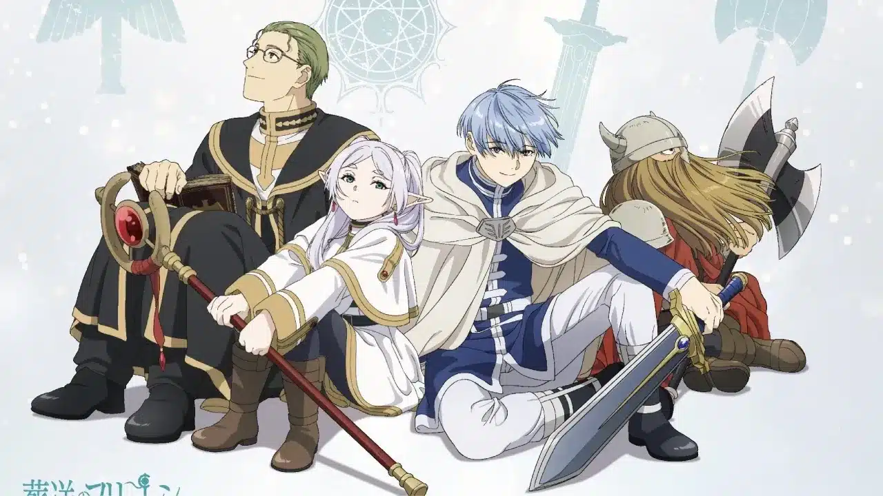 Póster oficial de Frieren con los 4 protagonistas iniciales.