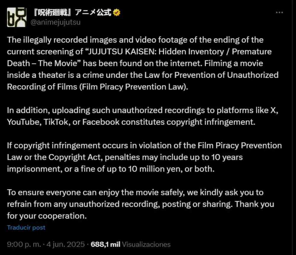 Jujutsu Kaisen emite una advertencia legal por filtraciones de su última película