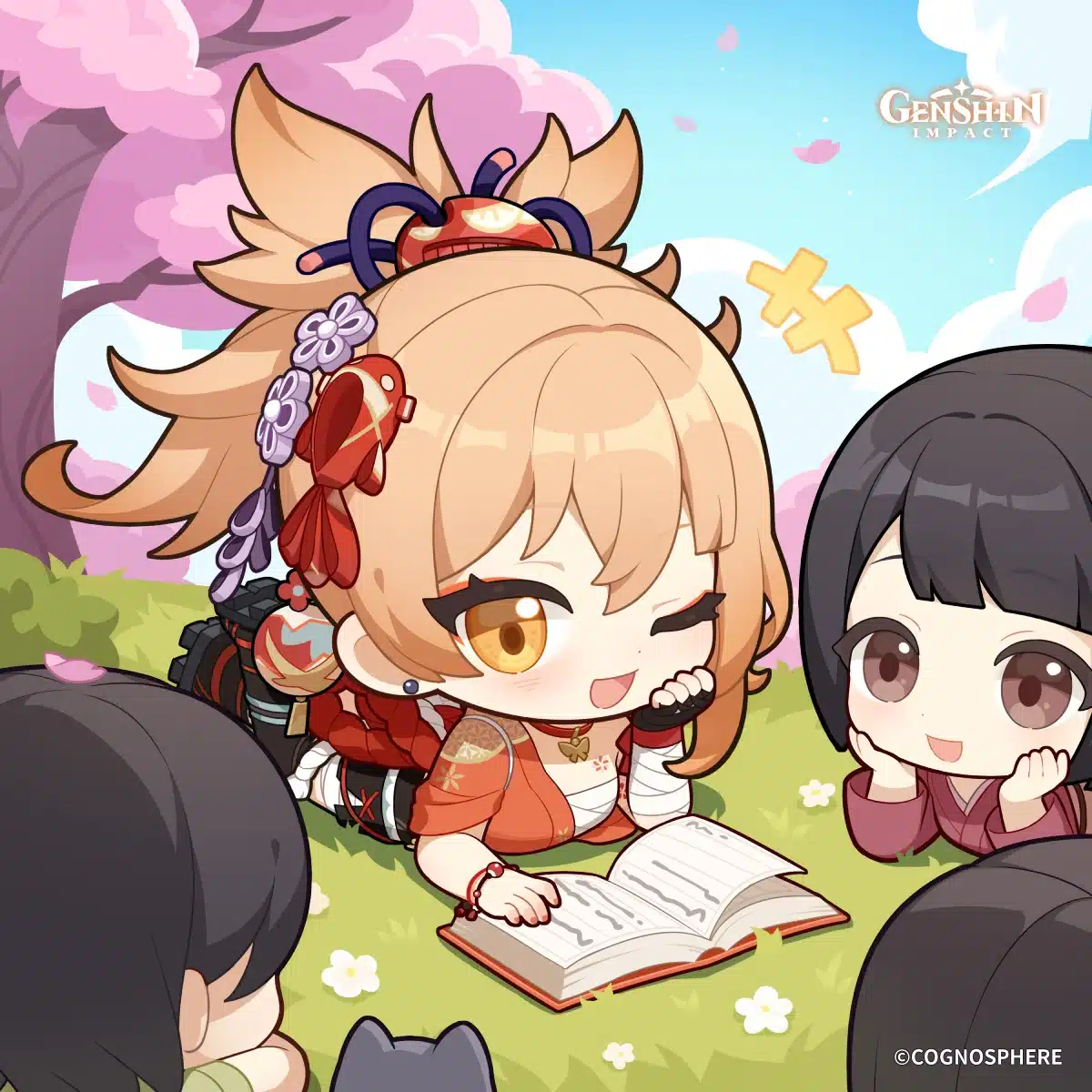 Chibi-style illustration of Yoimiya reading to children