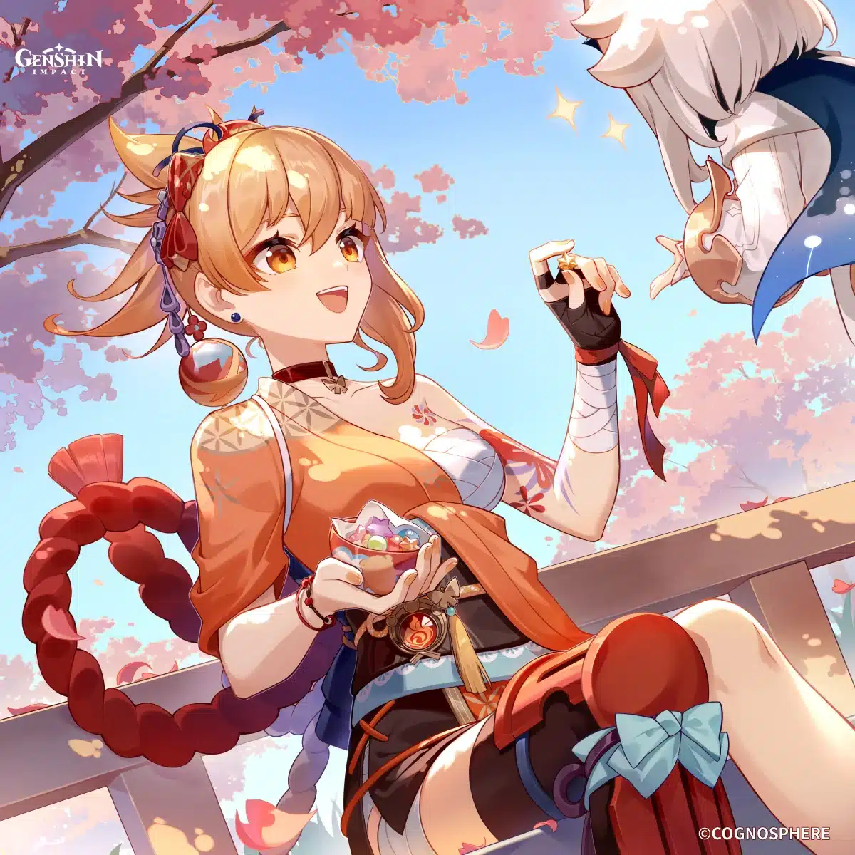 Yoimiya sharing candy with Paimon